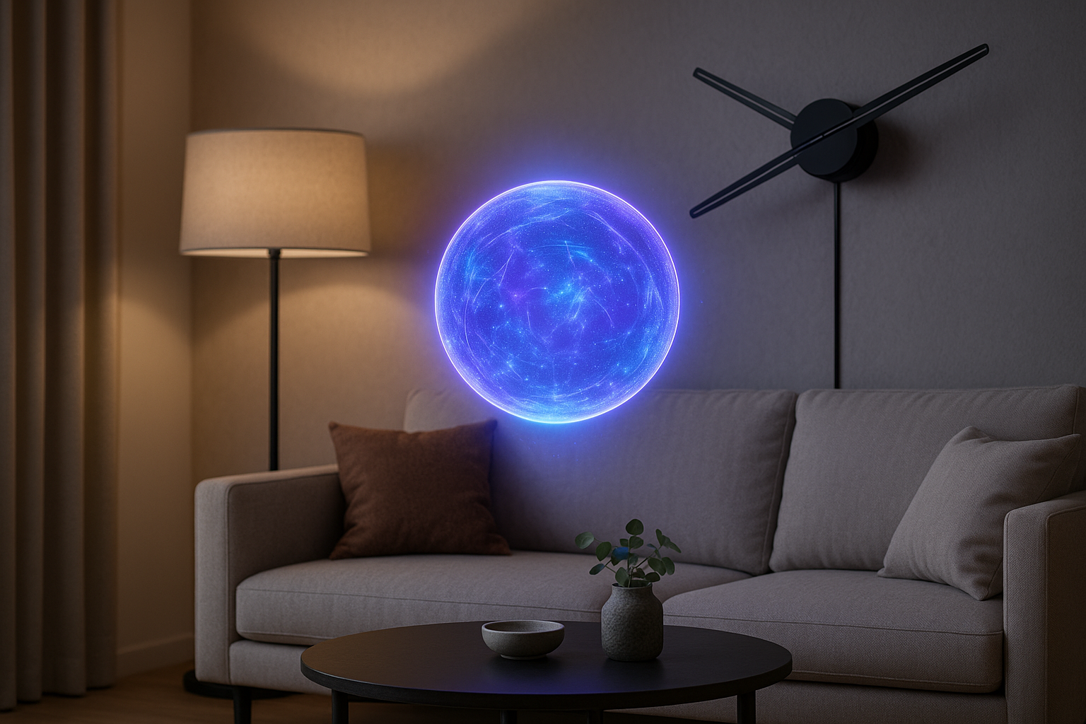 Modernes Wohnzimmer, stilvolle Einrichtung mit Sofa, Tisch und Stehlampe. An der Wand hängt ein futuristischer 3D-Hologramm-Projektor (schwarz, flache Rotorflügel sichtbar). Er projiziert eine realistische, leuchtende 3D-Hologramm-Kugel in blau-violett, die frei im Raum über dem Tisch schwebt. Futuristisches, aber realistisches Ambiente, hochwertige Produktfotografie, klar und scharf.